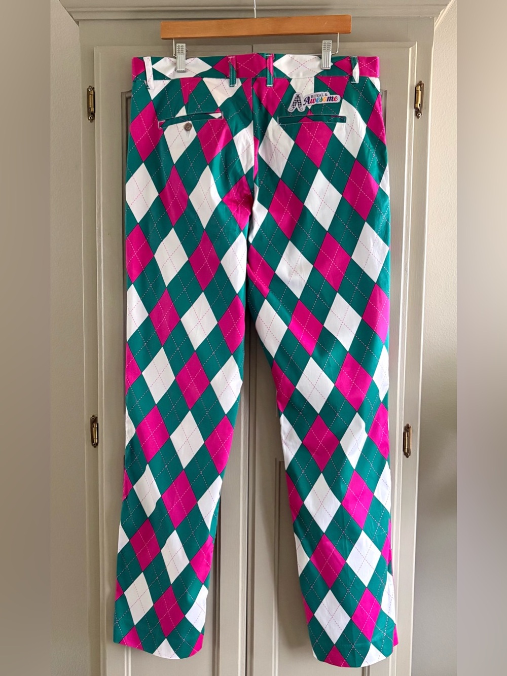ROYAL & AWESOME Golf Pants | Par-Gyle | Masters Green & Hot Pink | Size 36/34 - Picture 5 of 9